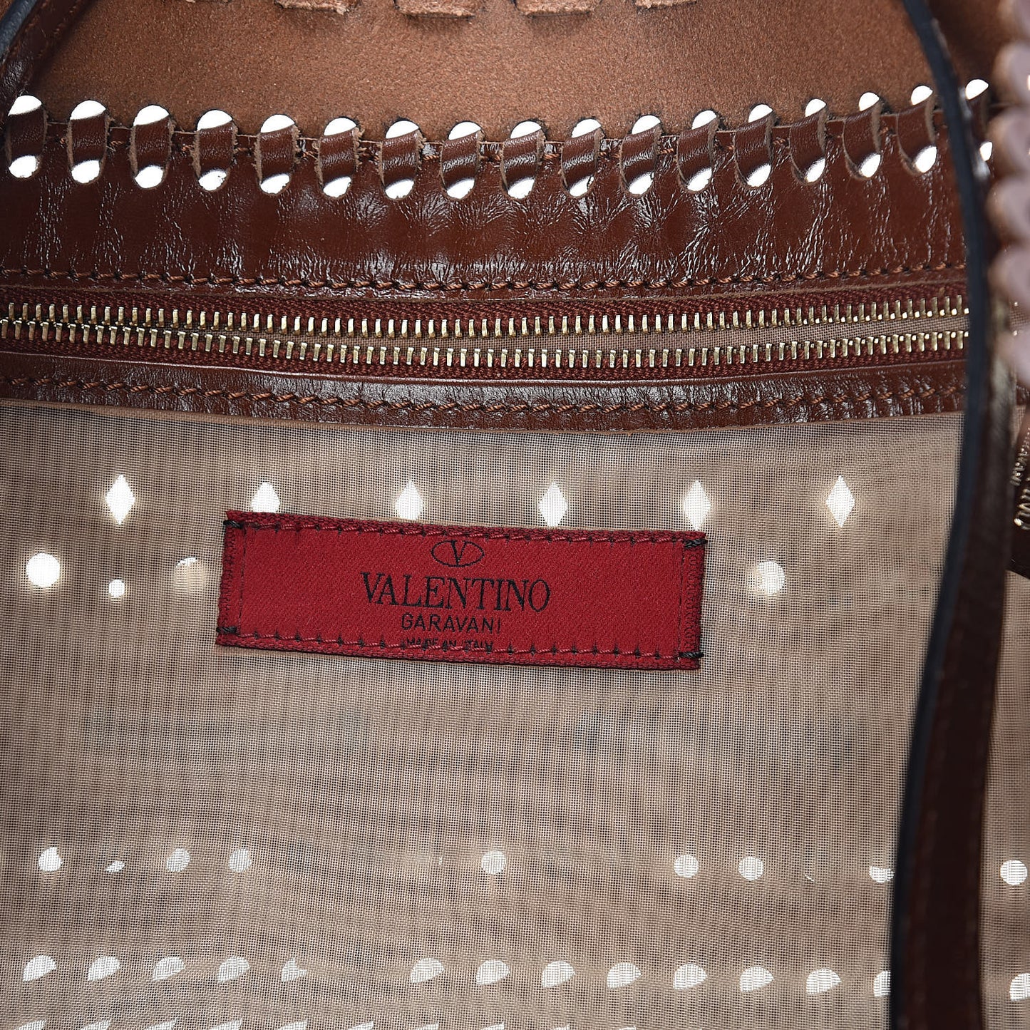 Calfskin Punched Lace Floral Tote Cognac