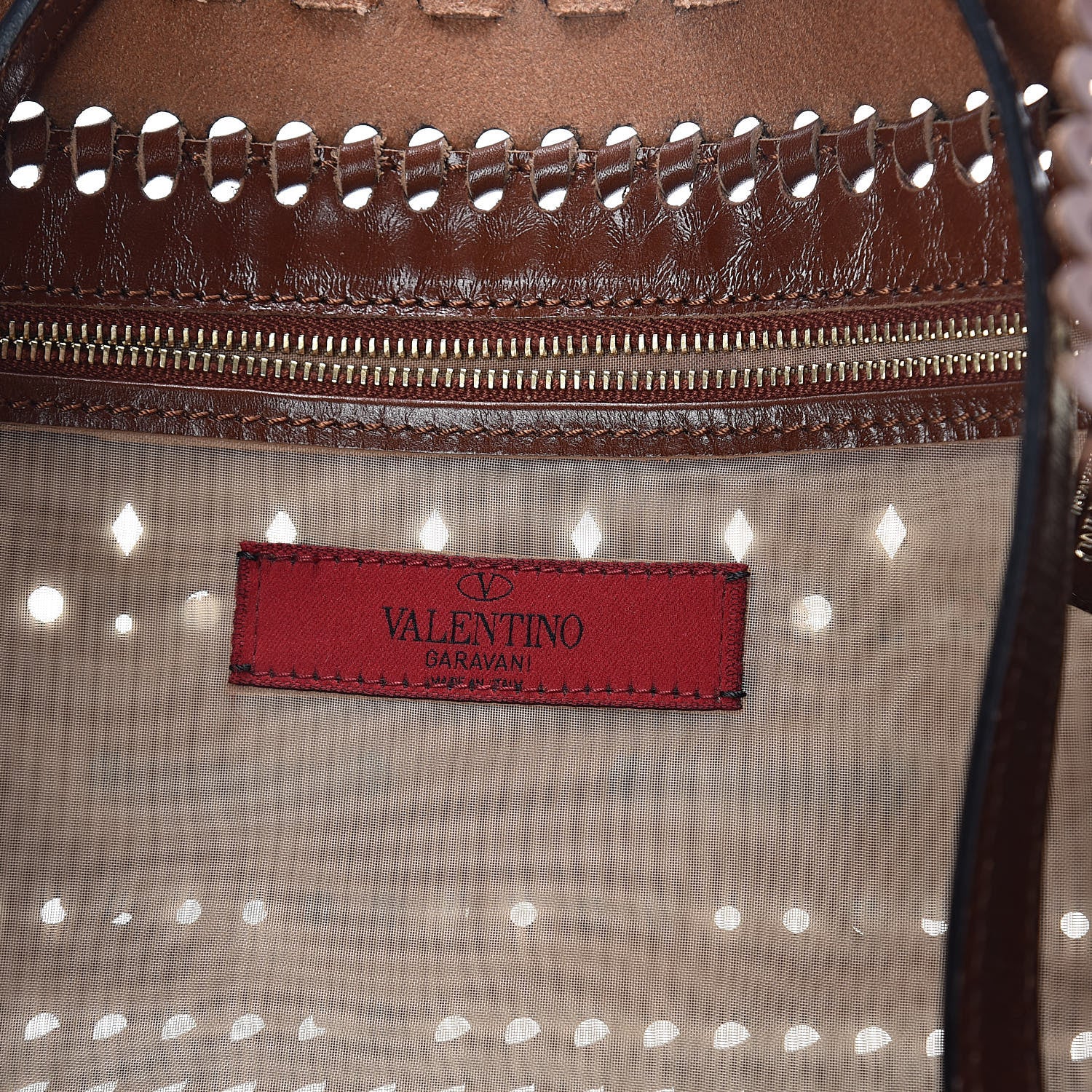 Valentino Garavani Calfskin Punched Lace Floral Tote Cognac 7 of 10