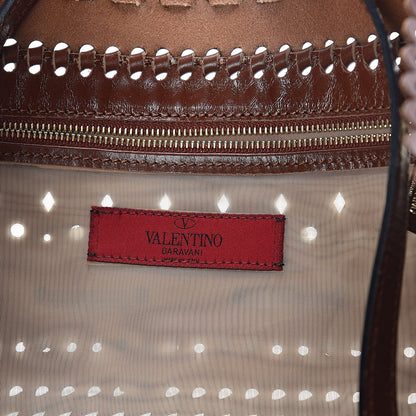 Valentino Garavani Calfskin Punched Lace Floral Tote Cognac 7 of 10