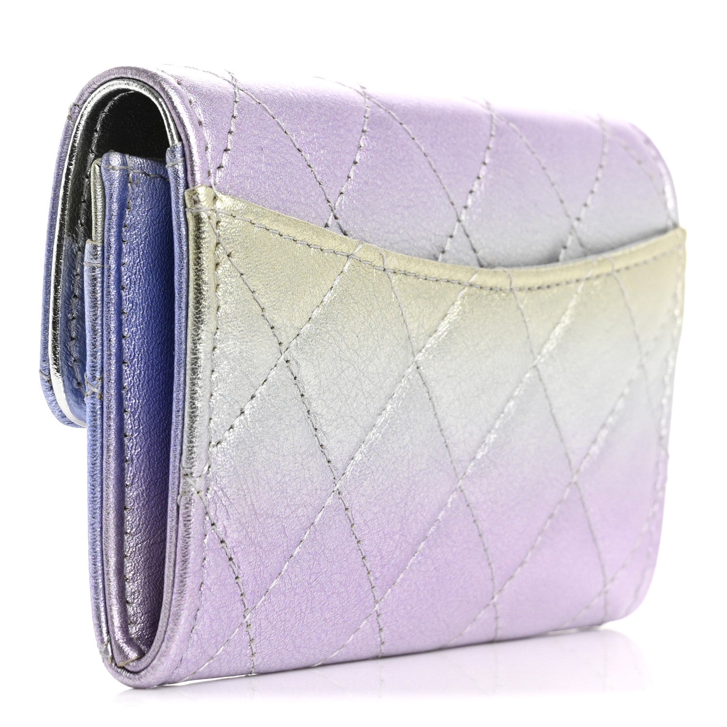 Chanel Gradient Metallic Calfskin Quilted Flap Card Holder Wallet Silver Blue Yellow Purple 3 of 8