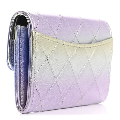 Chanel Gradient Metallic Calfskin Quilted Flap Card Holder Wallet Silver Blue Yellow Purple 3 of 8