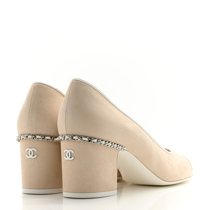 Chanel Velvet Matte Calfskin Patent Chain CC Cap Toe Pumps 39 Beige White 4 of 12