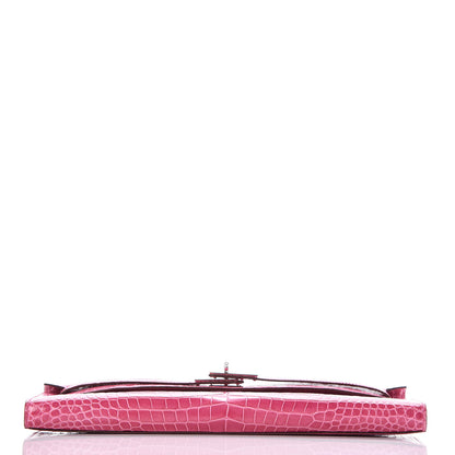 Hermes Shiny Porosus Crocodile 18K White Gold Diamond Kelly Cut Pochette Rose Tyrien 6 of 27