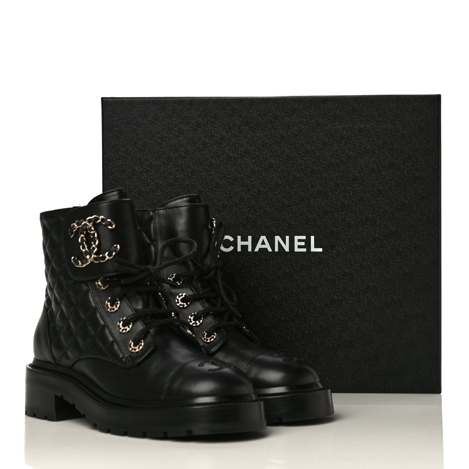 Chanel Shiny Lambskin Quilted Lace Up Combat Boots 36 Black 14 of 14