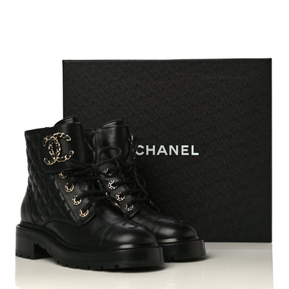 Chanel Shiny Lambskin Quilted Lace Up Combat Boots 36 Black 14 of 14