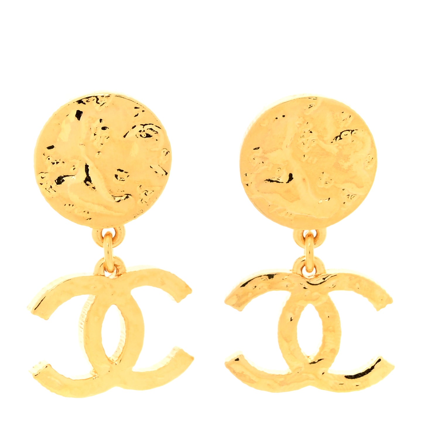 Metal Disc CC Drop Earrings Gold