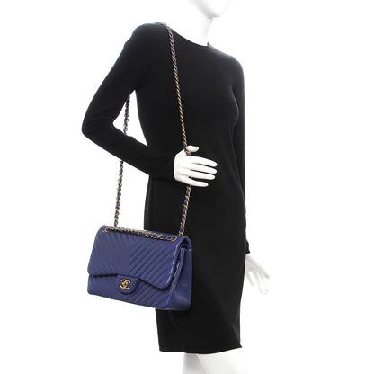 Chanel Lambskin Chevron Quilted Jumbo Double Flap Blue 2 of 9