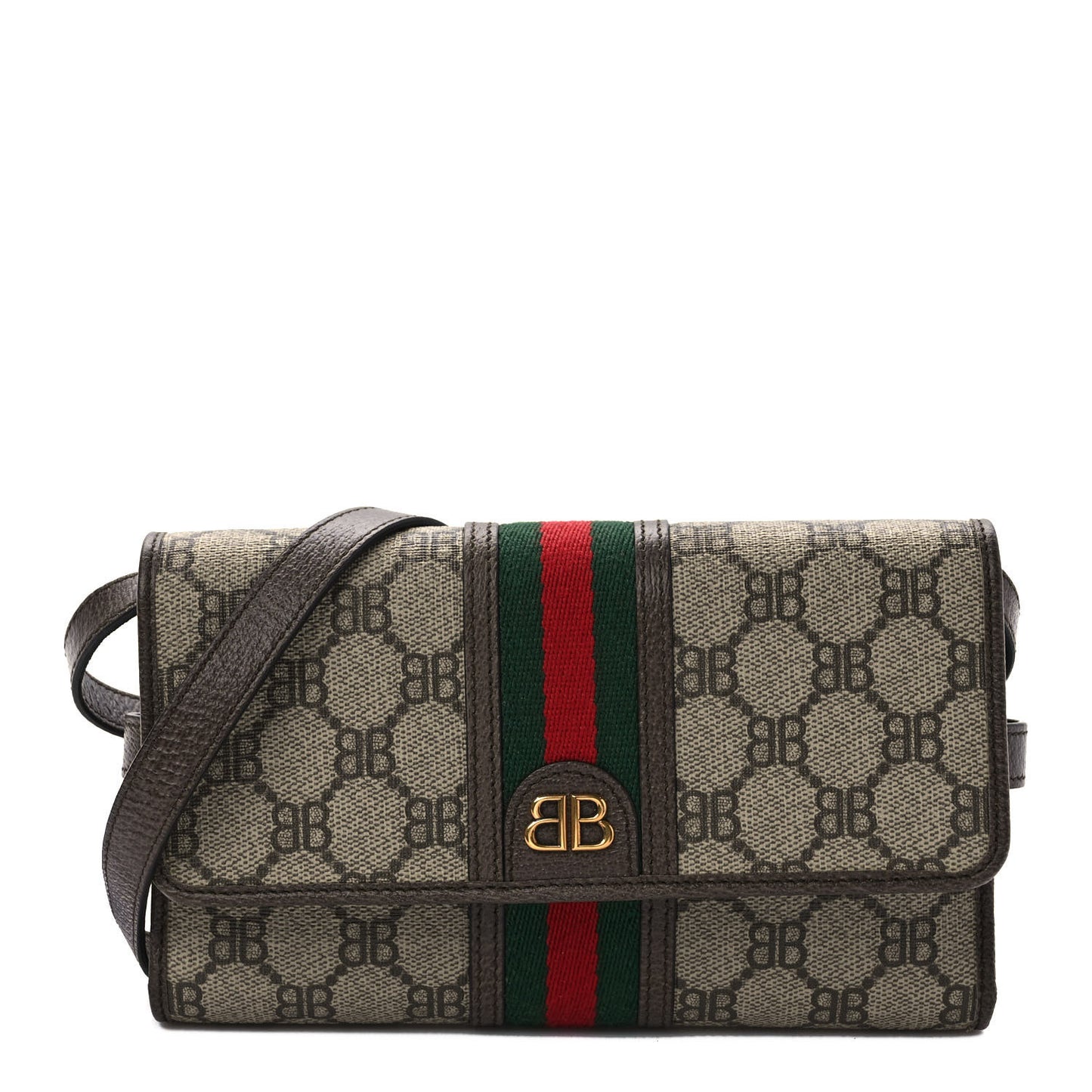 X BALENCIAGA BB Supreme Monogram Web Ophidia Crossbody Wallet Beige New Acero