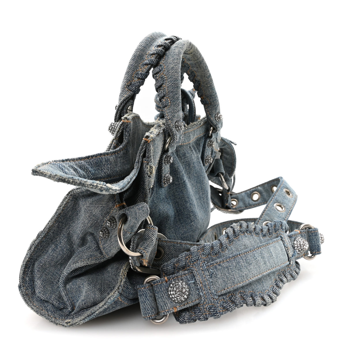 Balenciaga Washed Frayed Denim Crystal Neo Cagole Handbag XS Blue 3 of 11