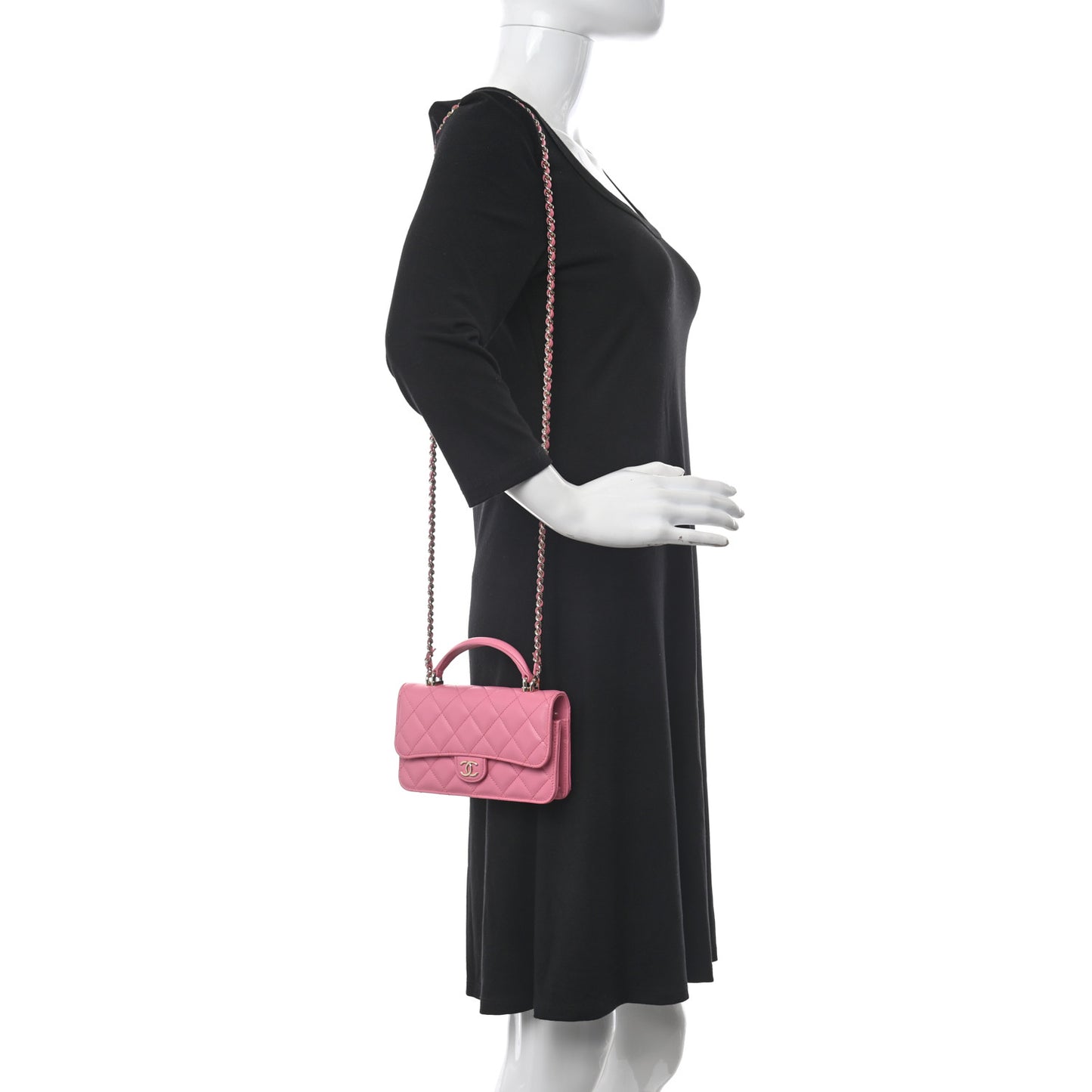 Lambskin Quilted Flap Phone Holder With Chain Pink
