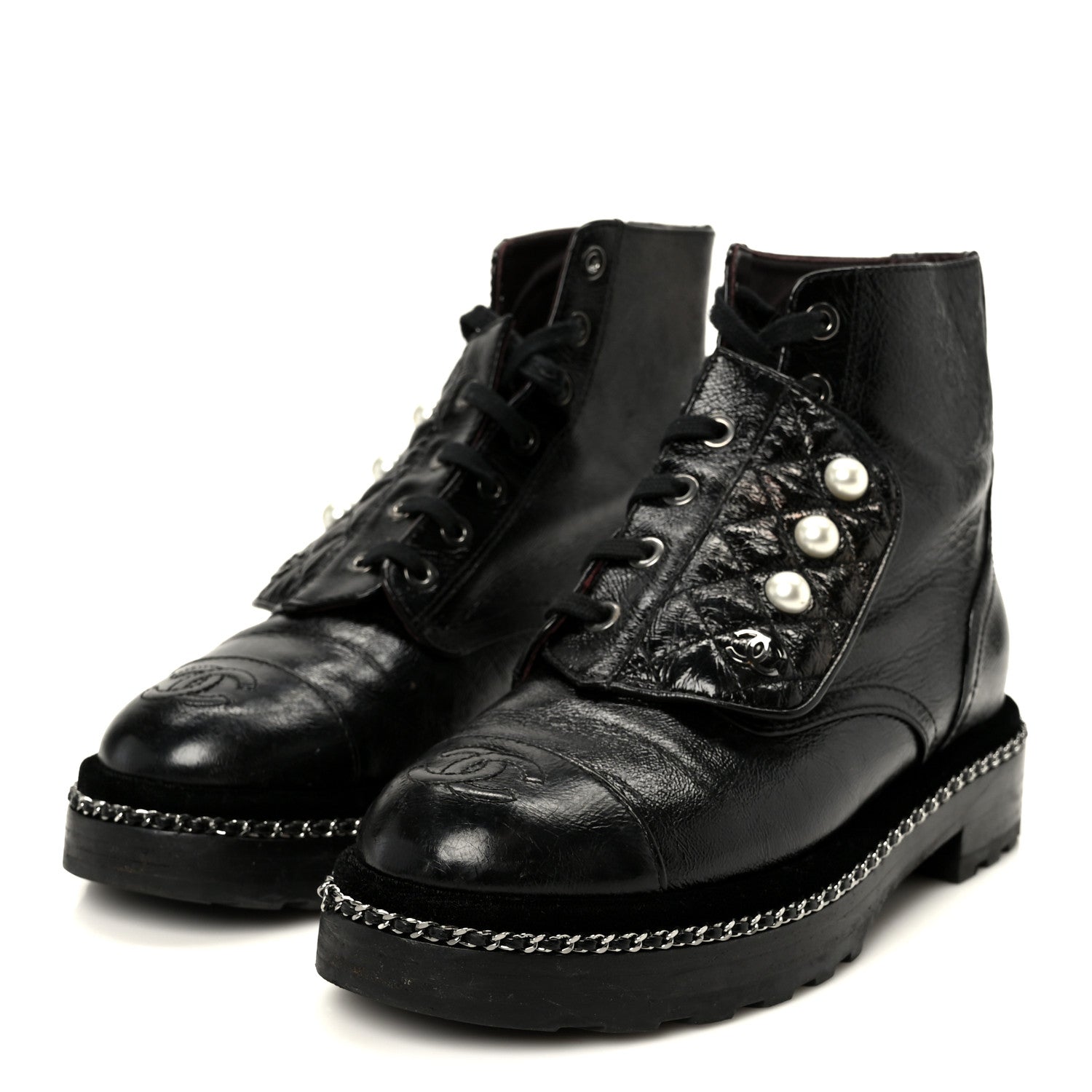 Chanel Crackled Calfskin Velvet Pearl Combat Short Boots 36 Black