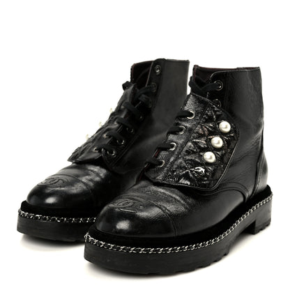 Chanel Crackled Calfskin Velvet Pearl Combat Short Boots 36 Black 4 of 11