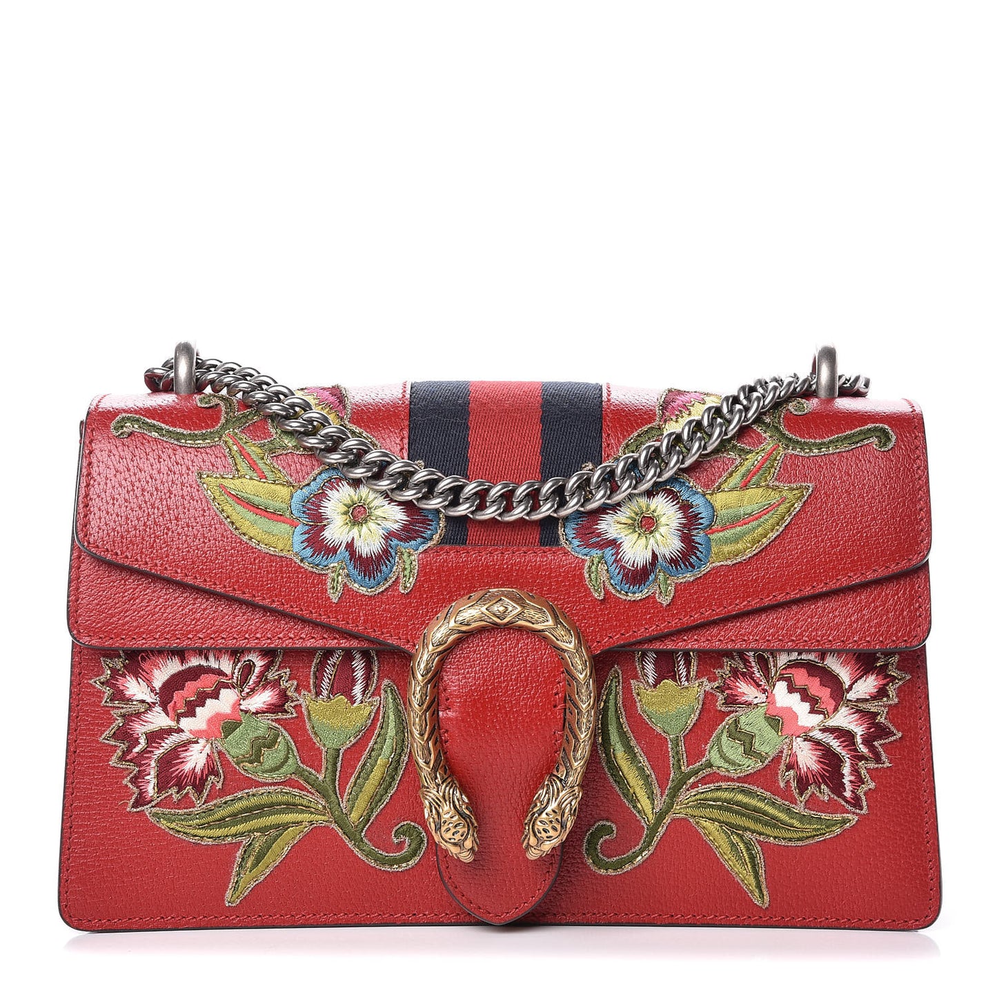Calfskin Web Floral Embroidered Small Dionysus Shoulder Bag Hibiscus Red