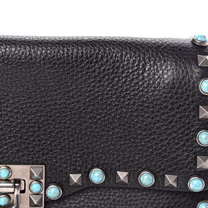 Valentino Garavani Pebbled Calfskin Turquoise Medium Guitar Strap Rockstud Rolling Flap Saddle Bag Black 10 of 17