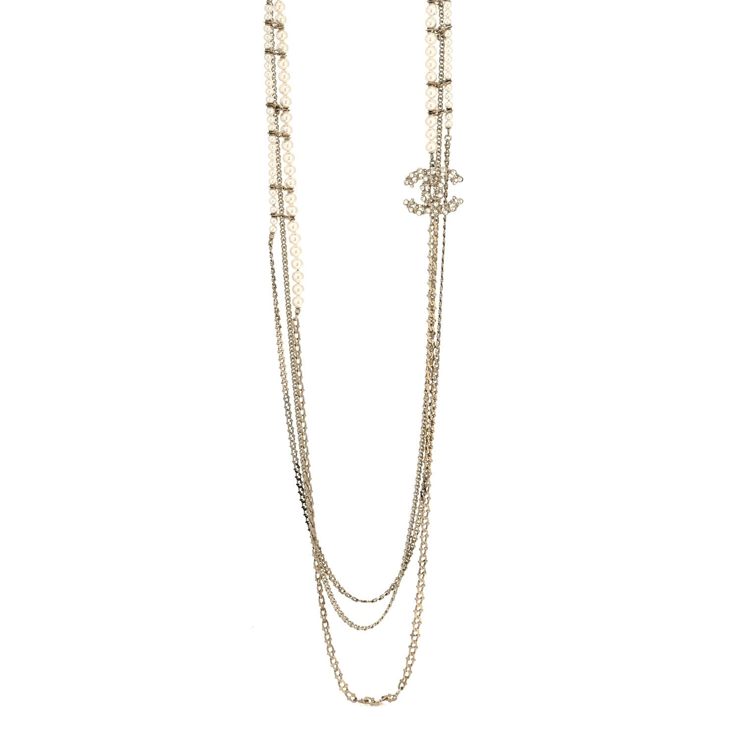 Chanel Crystal Pearl CC Long Multistrand Necklace Gold 1 of 5