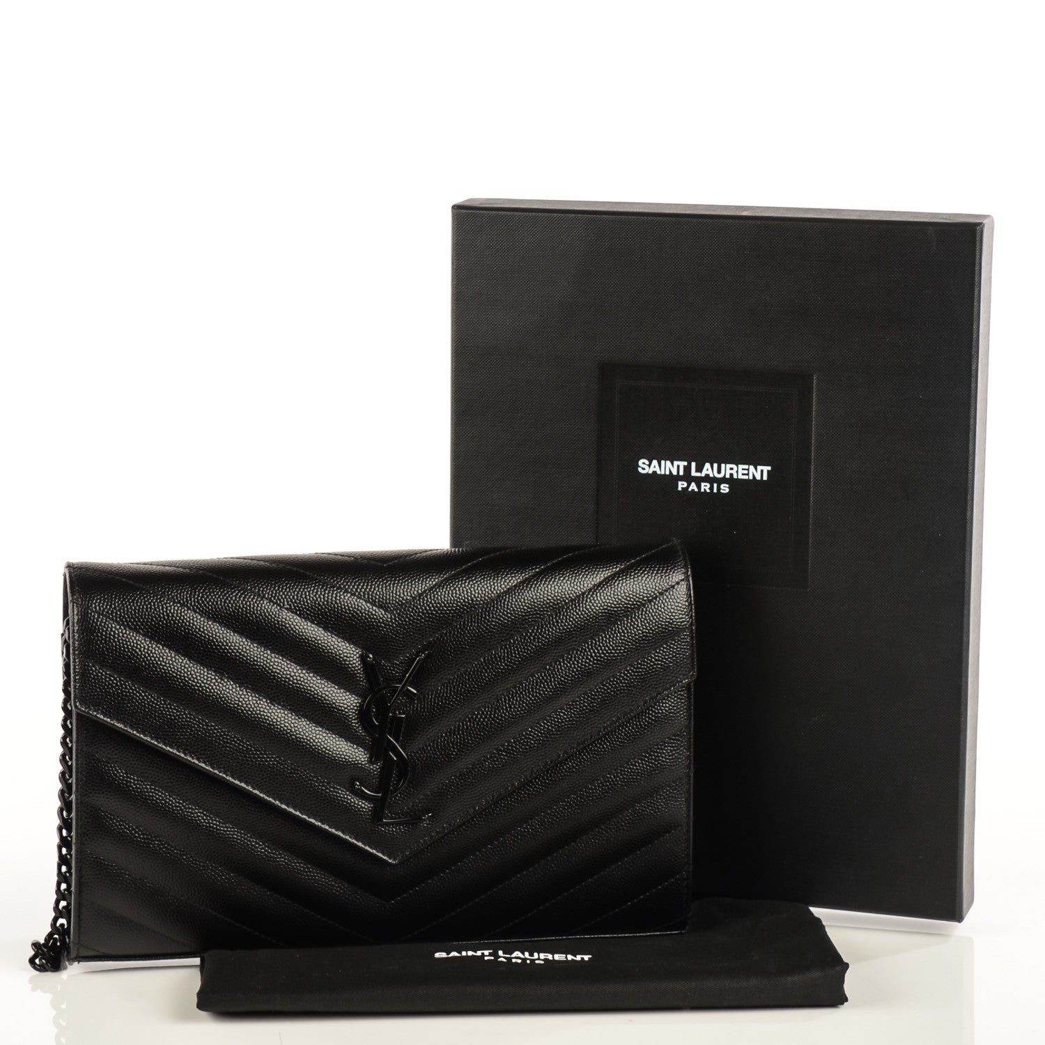 Saint Laurent Grain De Poudre Matelasse Chevron Medium Monogram Chain Wallet Black 5 of 8