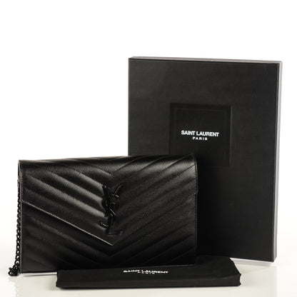 Saint Laurent Grain De Poudre Matelasse Chevron Medium Monogram Chain Wallet Black 5 of 8