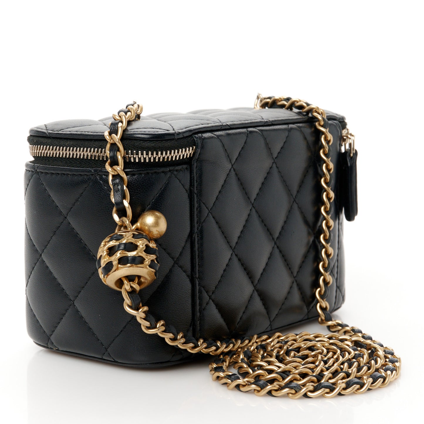 Lambskin Quilted Pearl Crush Small Vanity Case With Chain Black