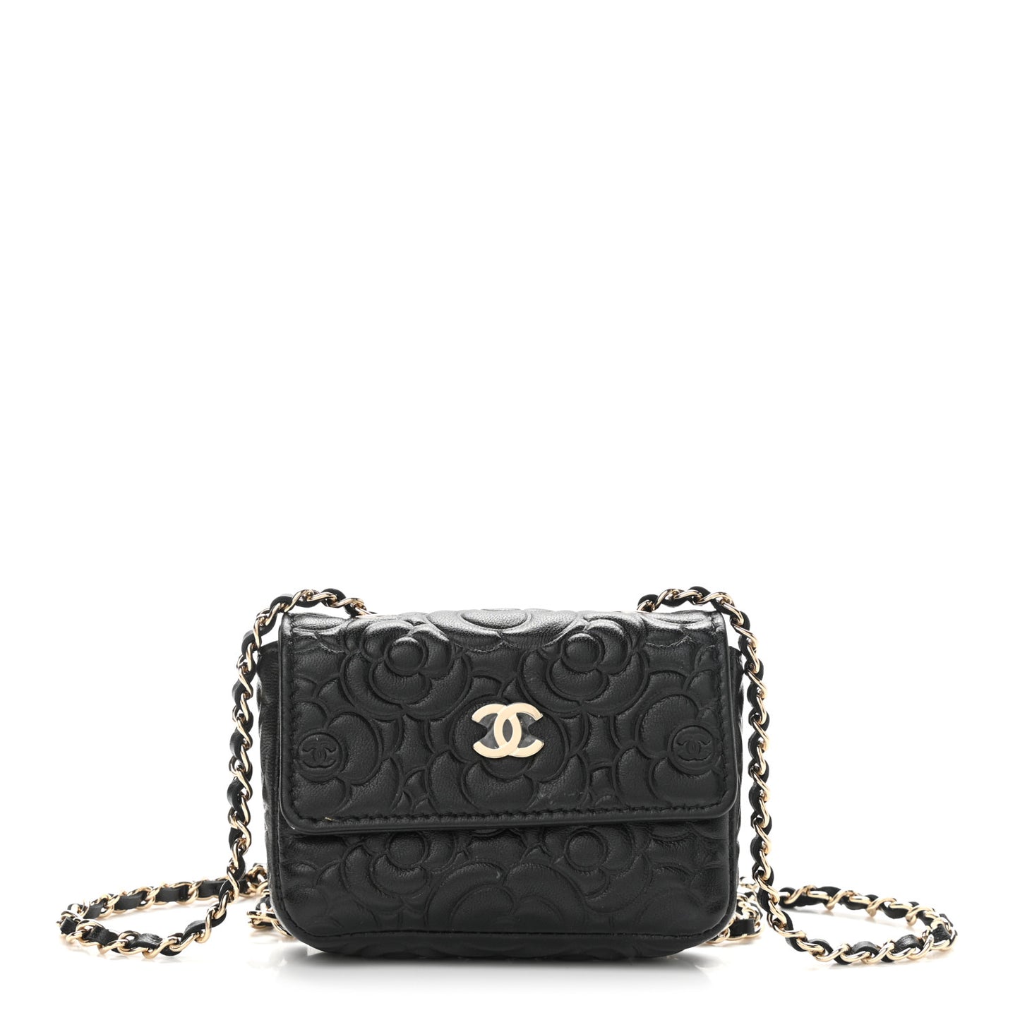 Lambskin Camellia Embossed Chain Belt Bag Black