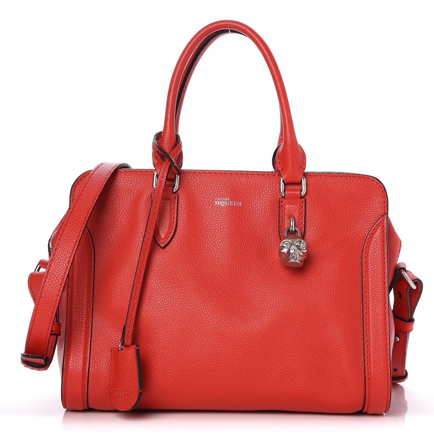 Pebbled Calfskin Small Skull Padlock Zip Around Tote Red
