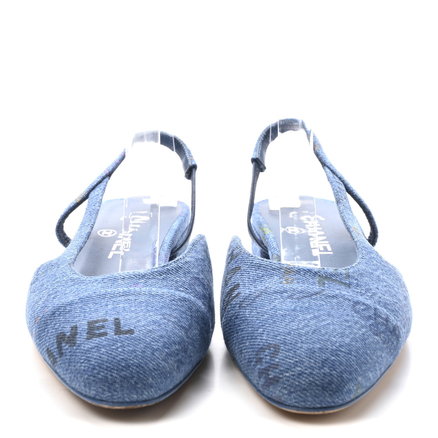 Chanel Denim Printed Denim Mood Cap Toe CC Slingback Flats 37 Light Blue Multicolor 3 of 9
