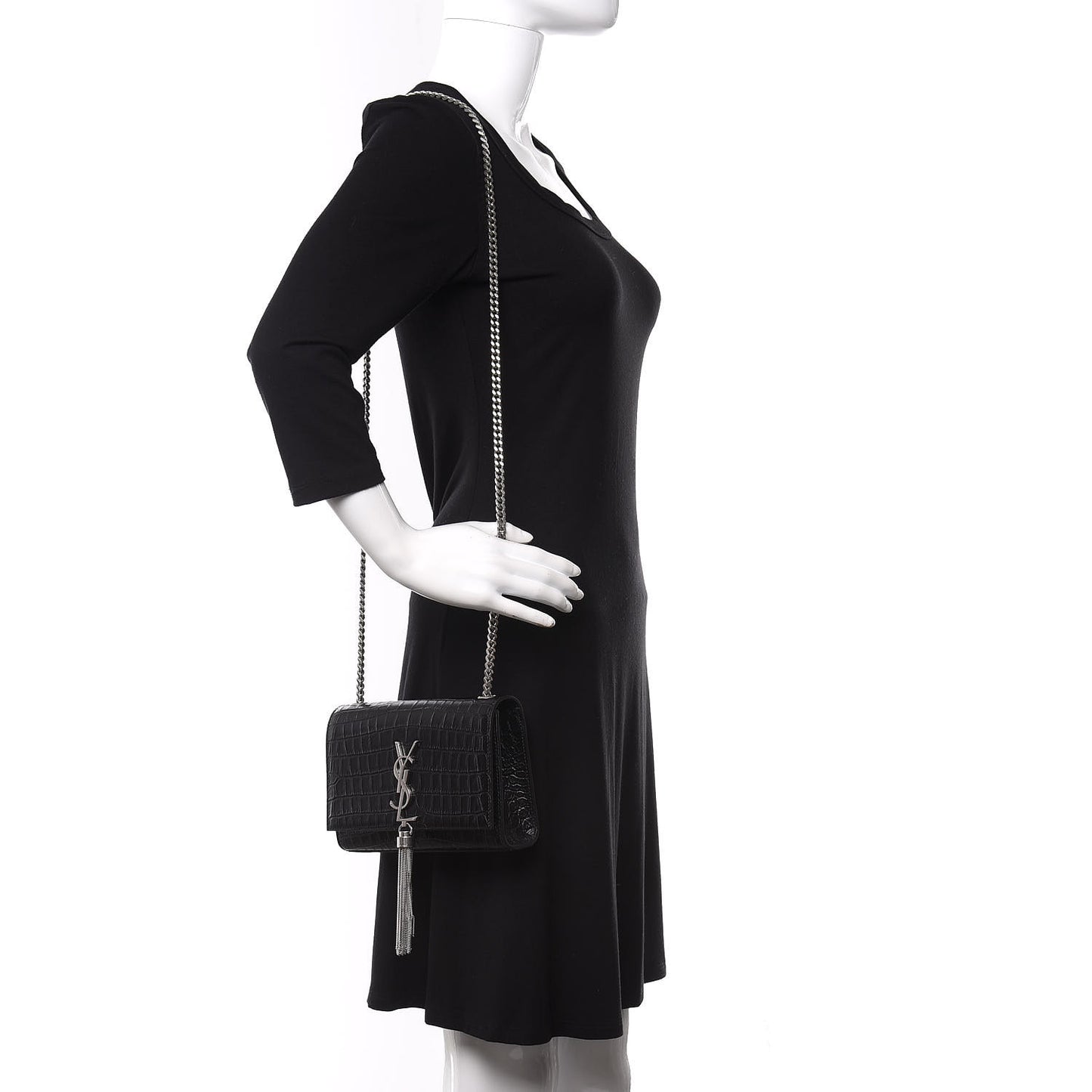 Calfskin Crocodile Embossed Small Classic Monogram Kate Tassel Satchel Black