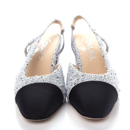 Chanel Tweed Grosgrain Cap Toe CC Slingback Pumps 37.5 Grey Silver Black 5 of 12
