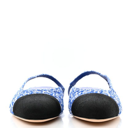 Chanel Tweed Cap Toe CC Slingback Flat 39 Blue Black 2 of 9