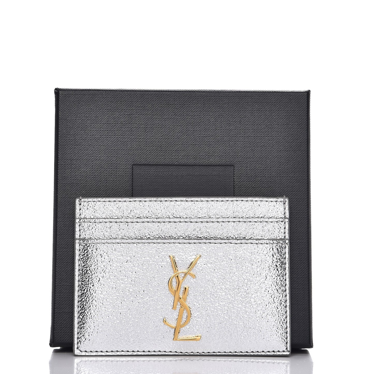 Metallic Calfskin Monogram Credit Card Case Argento