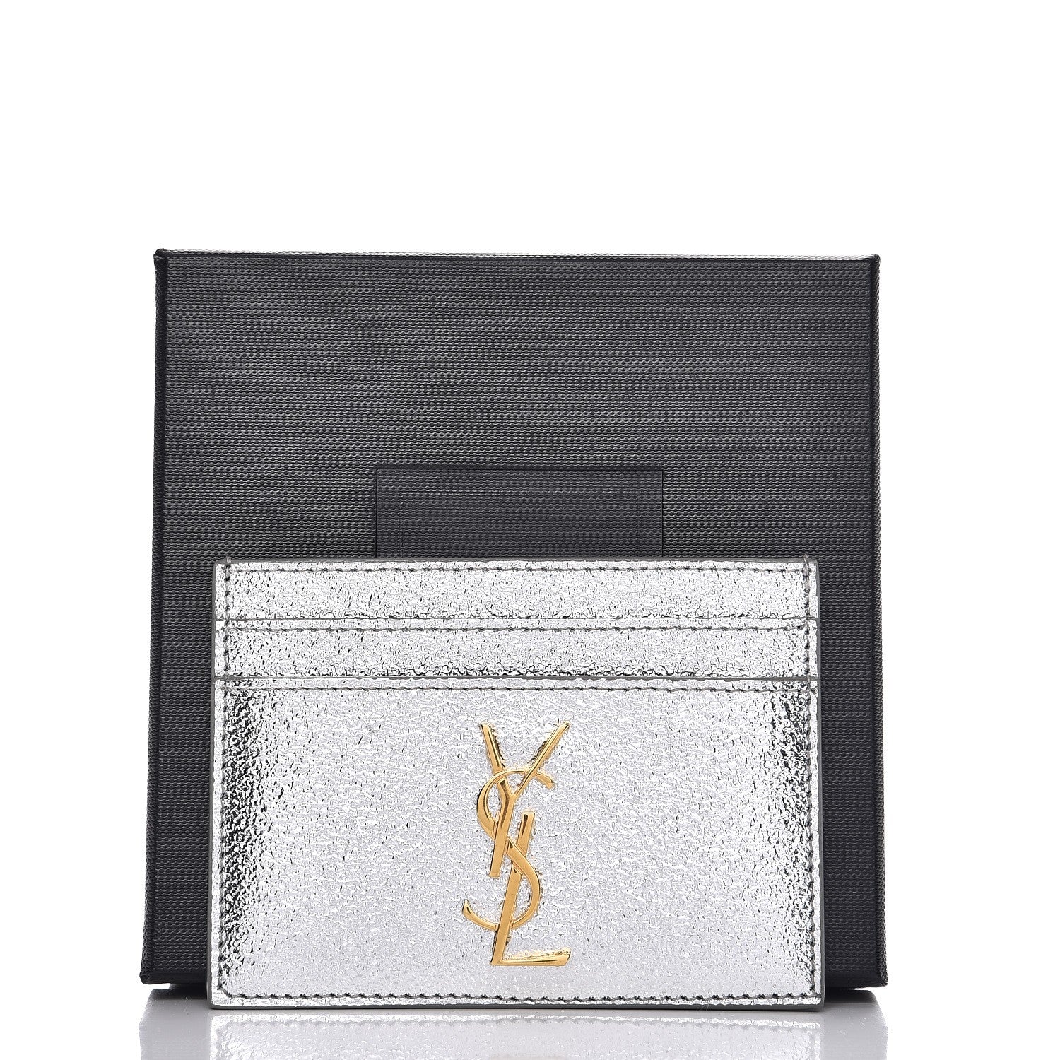 Saint Laurent Metallic Calfskin Monogram Credit Card Case Argento 8 of 8