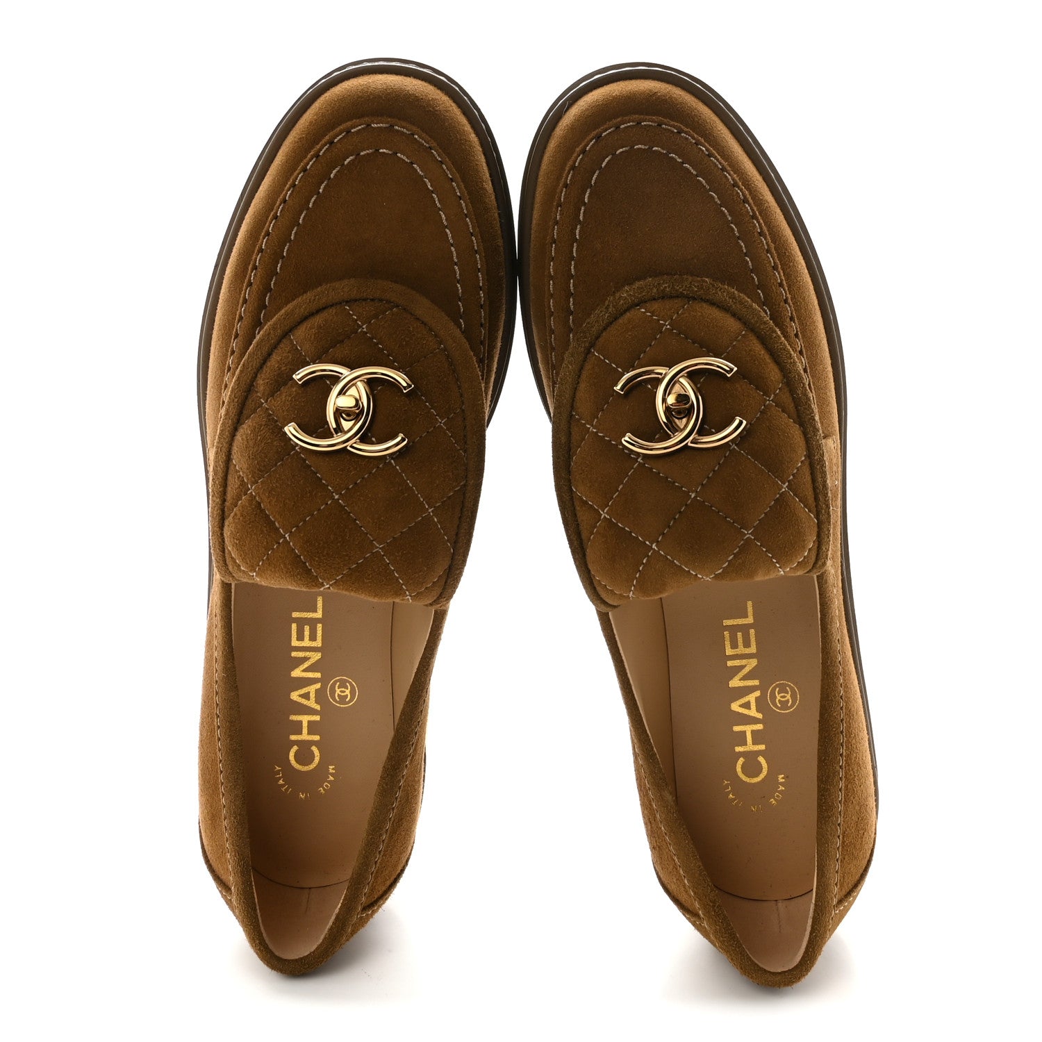 Chanel Suede Kidskin Quilted CC Turnlock Loafers 38.5 Light Brown 2 of 9