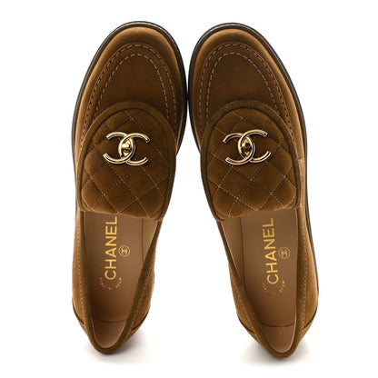 Chanel Suede Kidskin Quilted CC Turnlock Loafers 38.5 Light Brown 2 of 9
