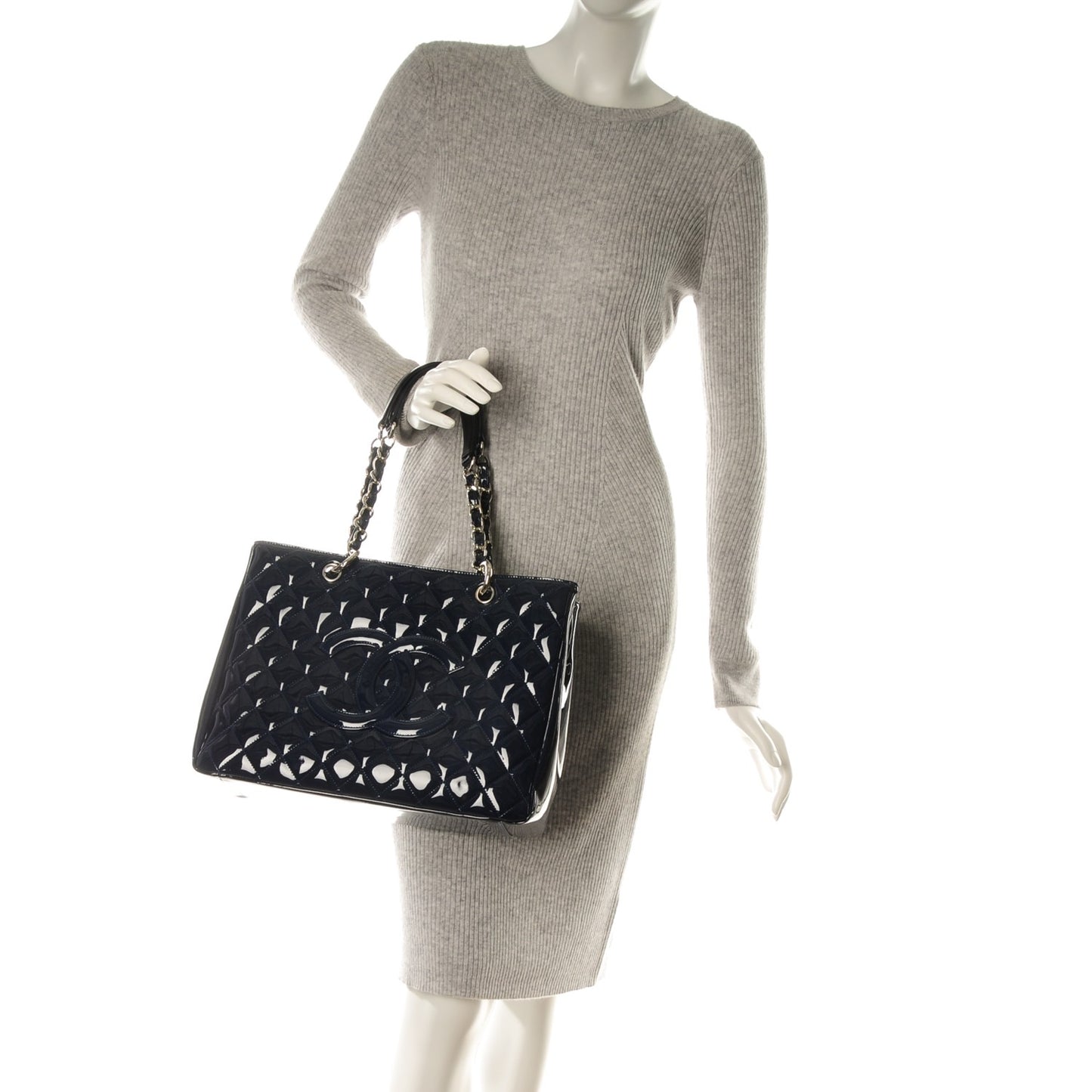 Patent Quilted Grand Shopping Tote GST Navy Blue