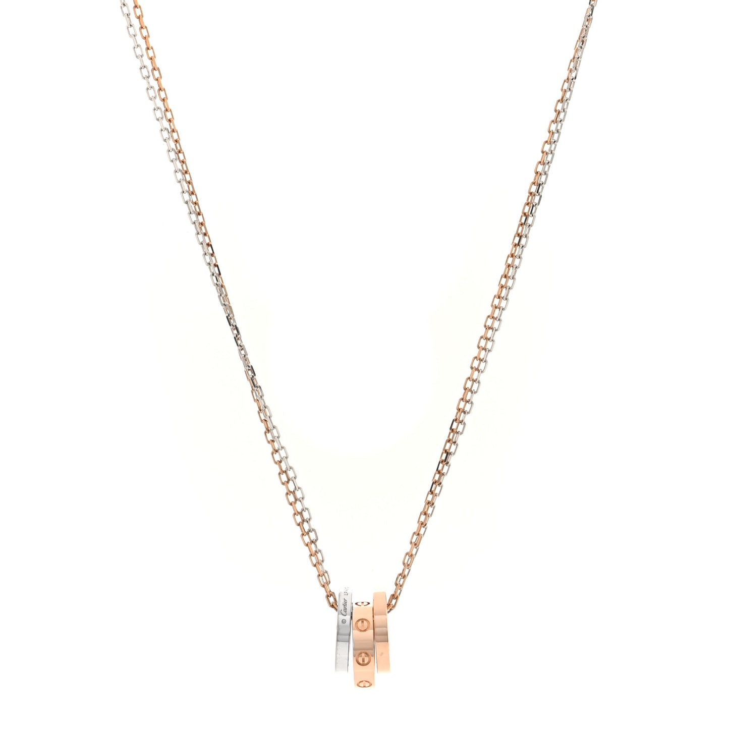 18K White Pink Gold Diamond Three Ring LOVE Pendant Necklace