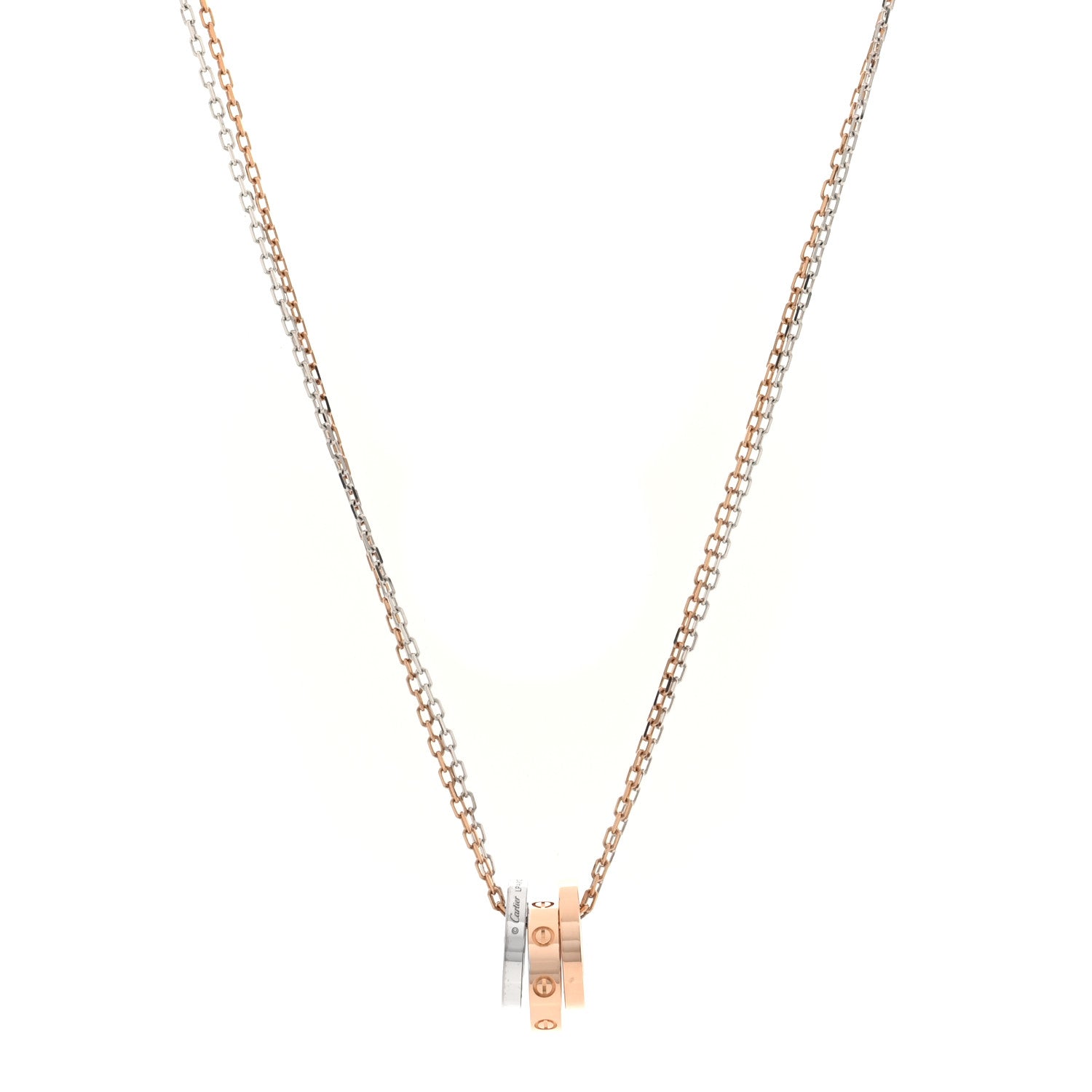Cartier 18K White Pink Gold Diamond Three Ring LOVE Pendant Necklace 1 of 5