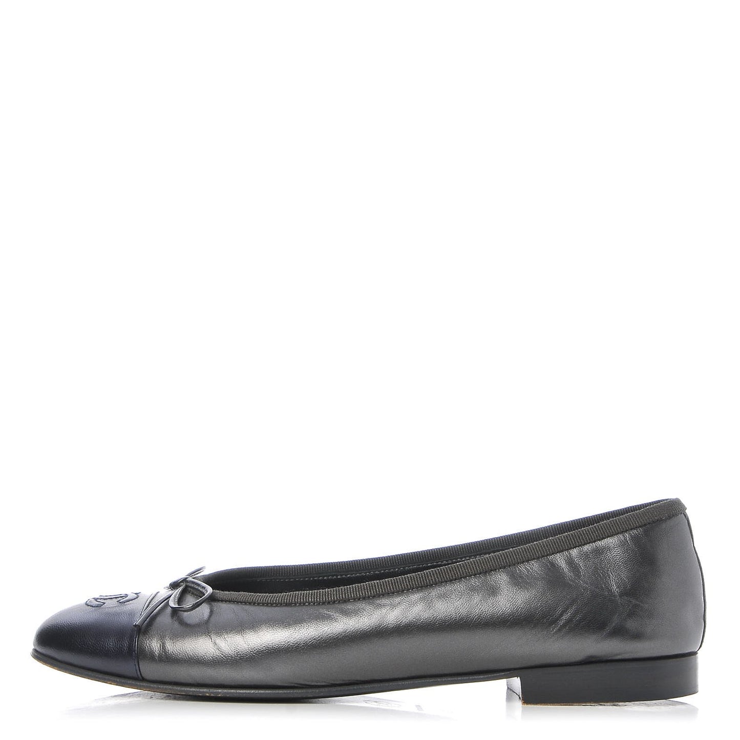 Metallic Lambskin Cap Toe Ballerina Flats 38 Grey Navy