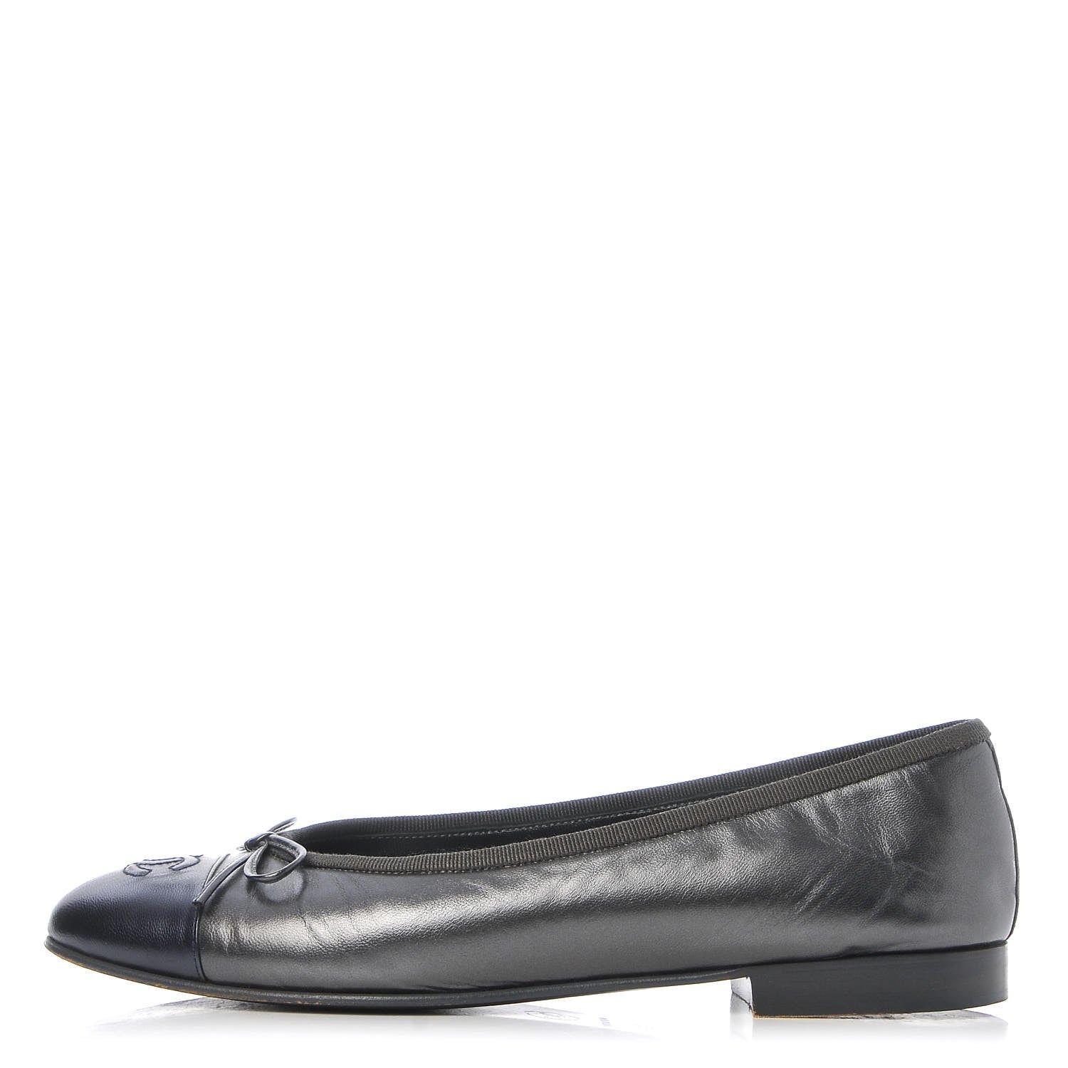 Chanel Metallic Lambskin Cap Toe Ballerina Flats 38 Grey Navy 1 of 10
