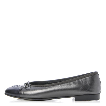 Chanel Metallic Lambskin Cap Toe Ballerina Flats 38 Grey Navy 1 of 10
