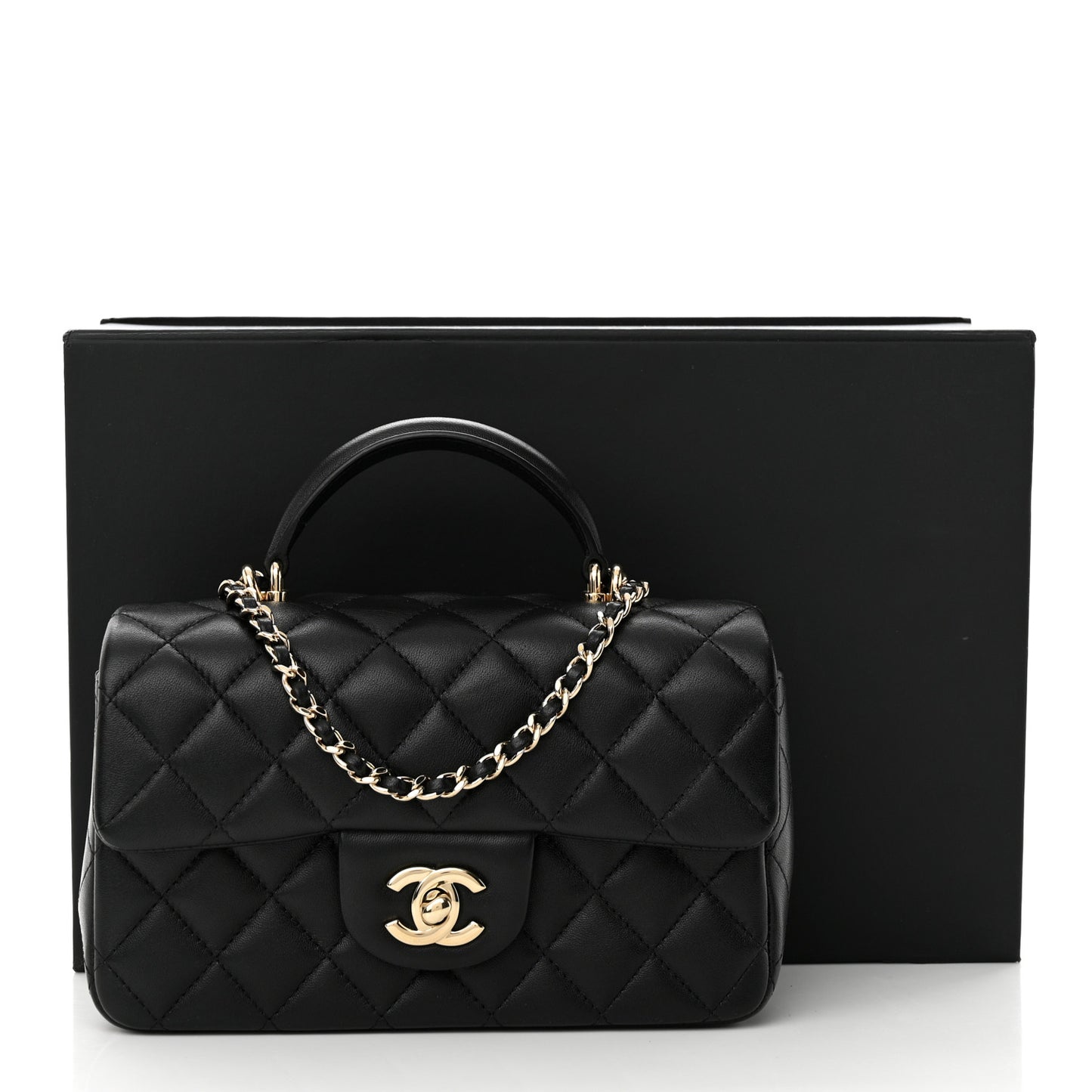 Lambskin Quilted Mini Top Handle Rectangular Flap Black