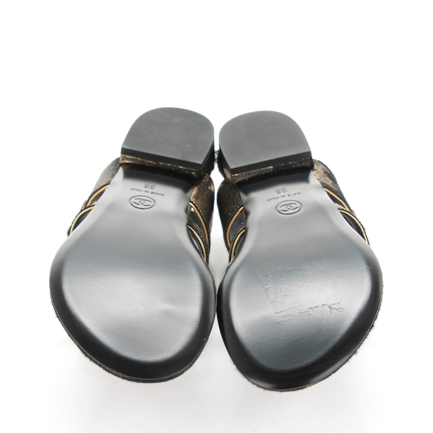 Metallic Calfskin Leopard Print Pony Hair CC Sandals 36 Gold Brown Black