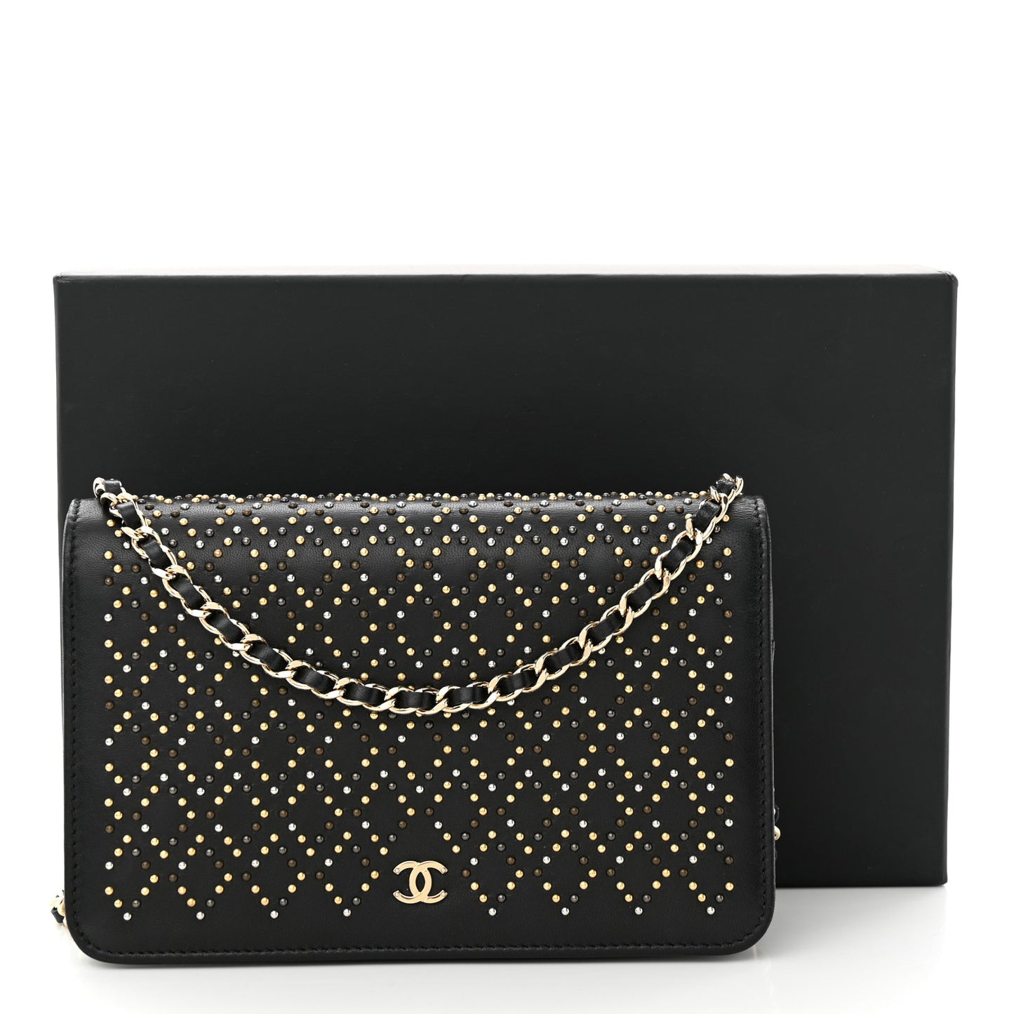 Lambskin Studded Wallet On Chain WOC Black