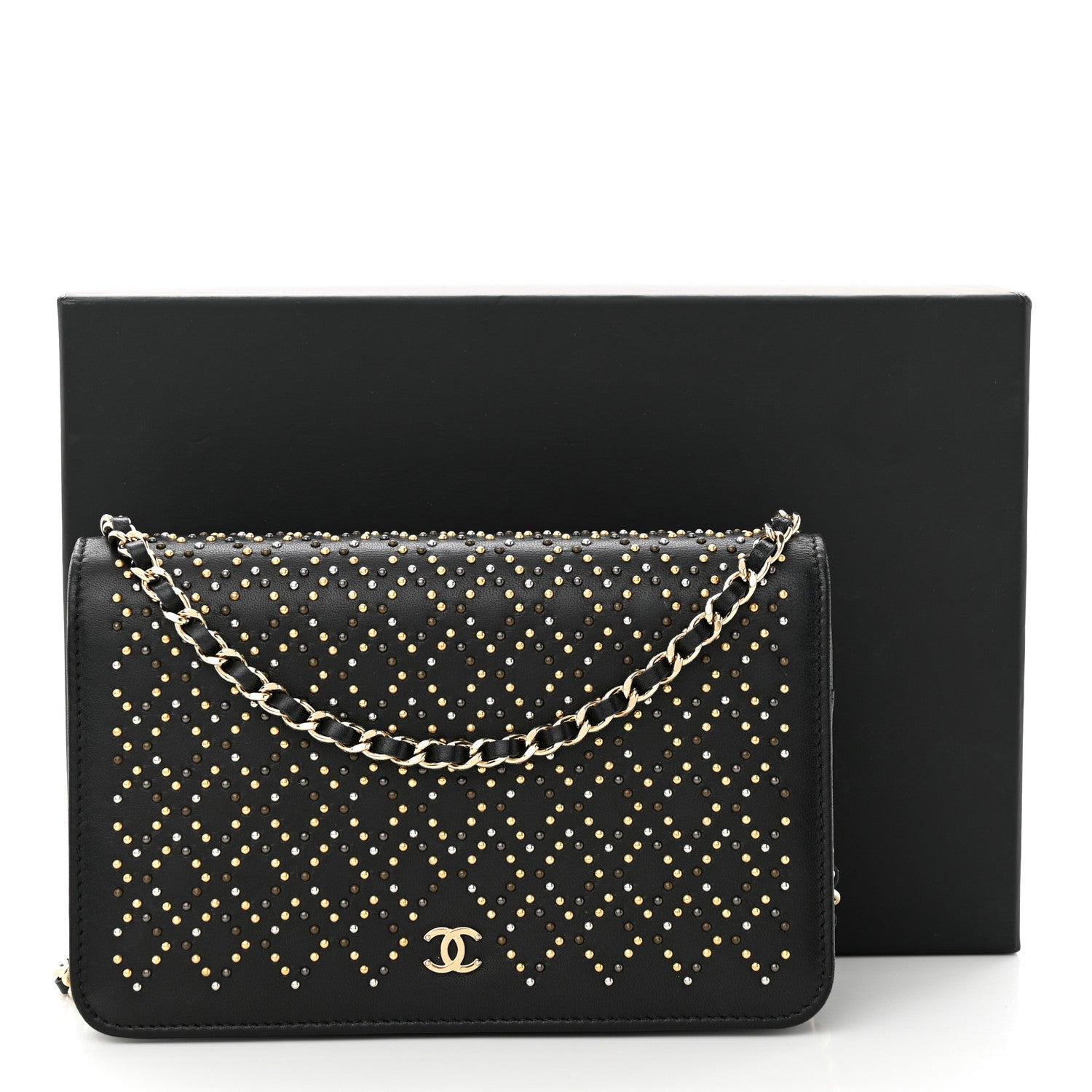 Chanel Lambskin Studded Wallet On Chain WOC Black 13 of 13