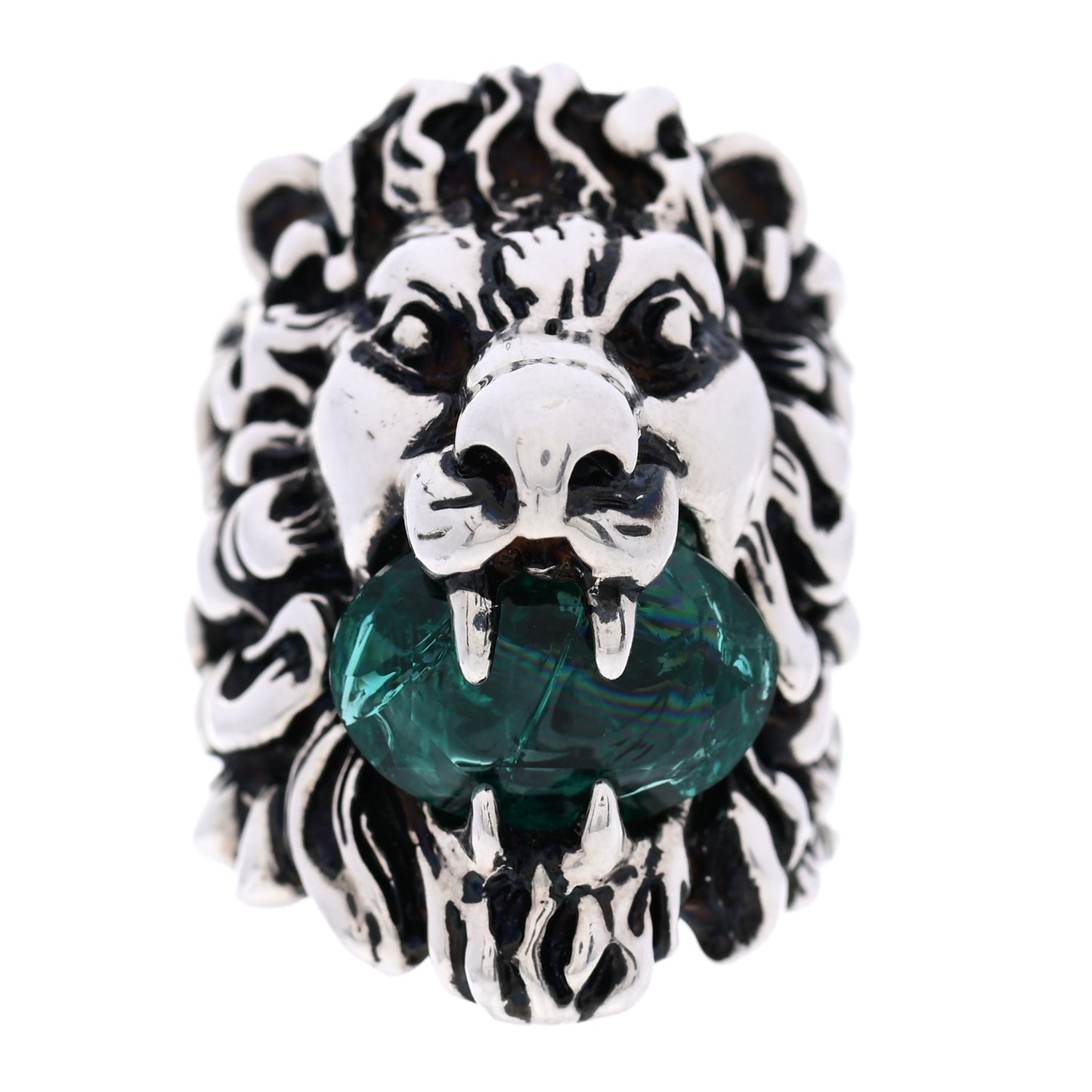 Metal Crystal Lion Head Ring 6.25 Emerald Aged Silver