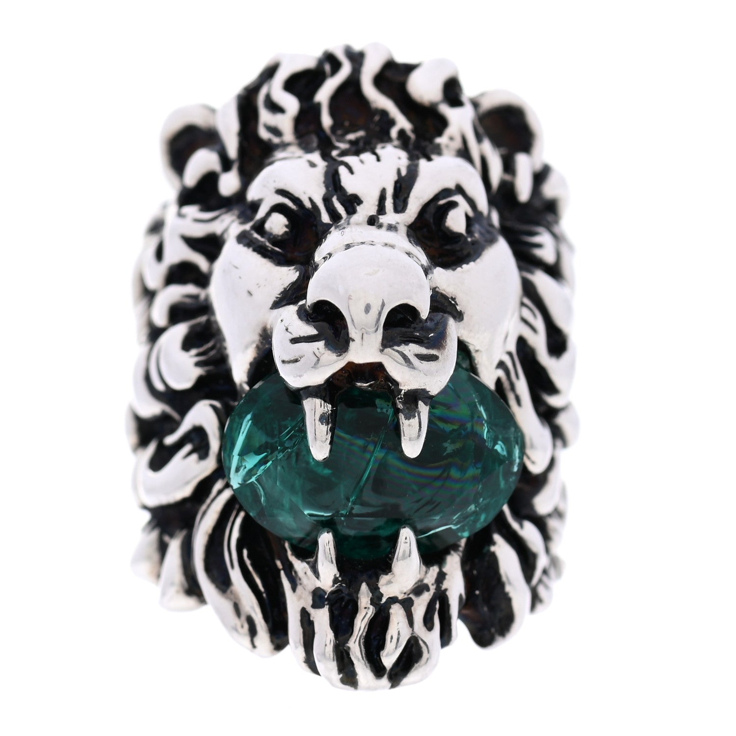 Gucci Metal Crystal Lion Head Ring 6.25 Emerald Aged Silver 1 of 4