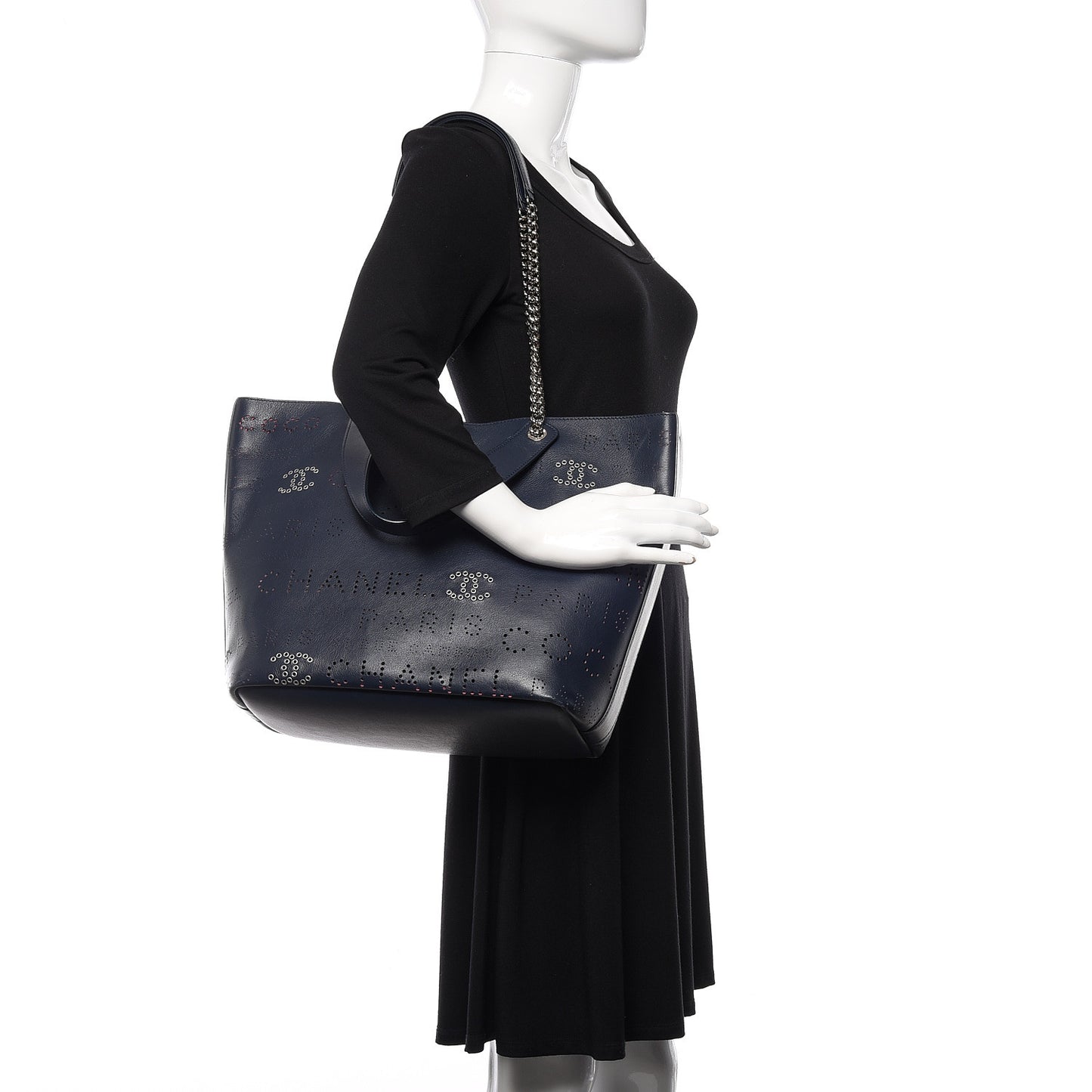 Calfskin Tweed Small Logo Eyelets Shopping Tote Navy Blue