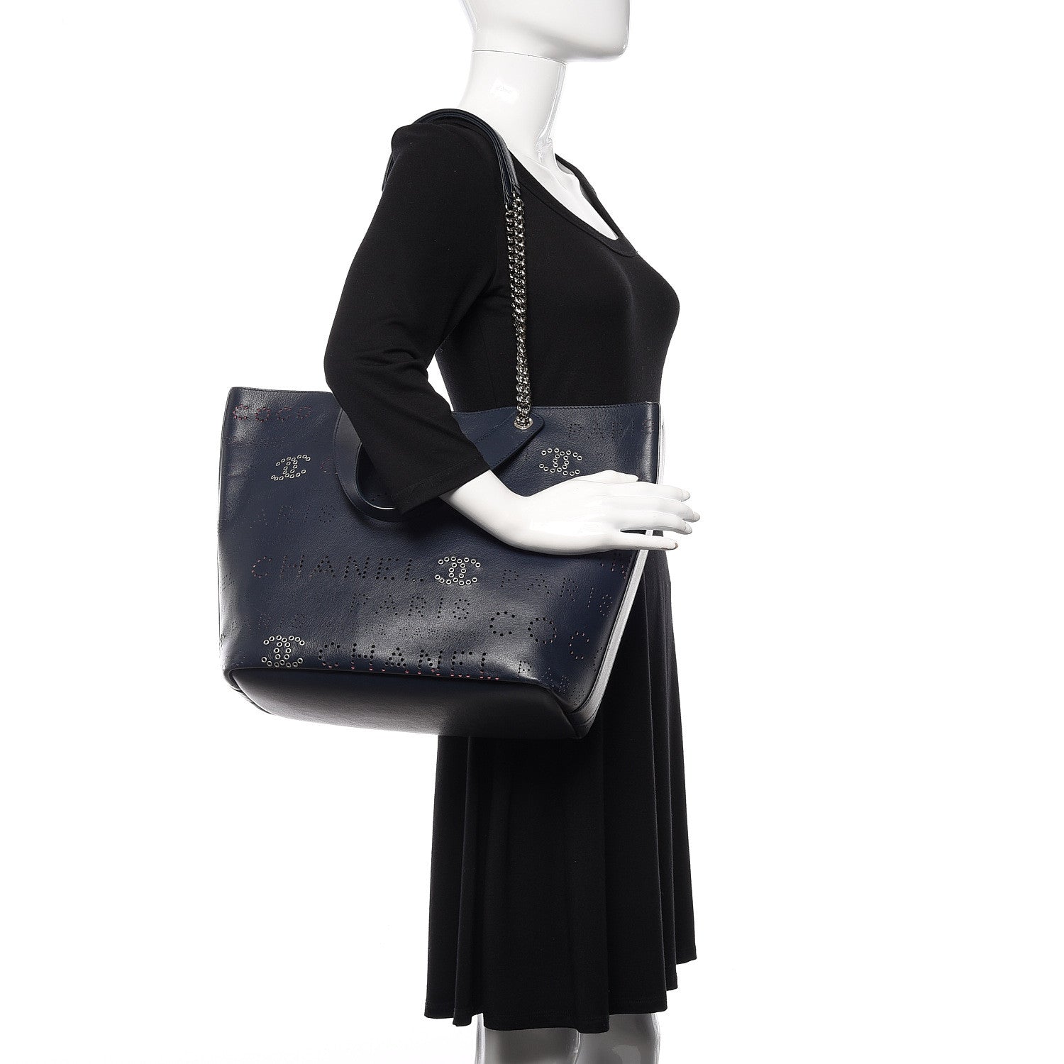Chanel Calfskin Tweed Small Logo Eyelets Shopping Tote Navy Blue 2 of 13