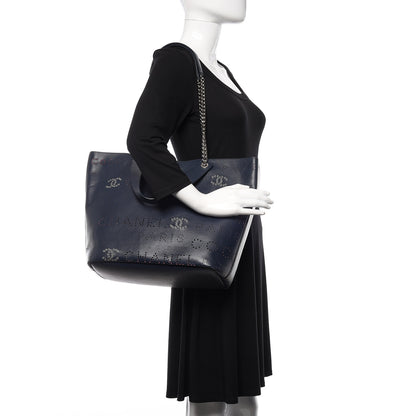 Chanel Calfskin Tweed Small Logo Eyelets Shopping Tote Navy Blue 2 of 13