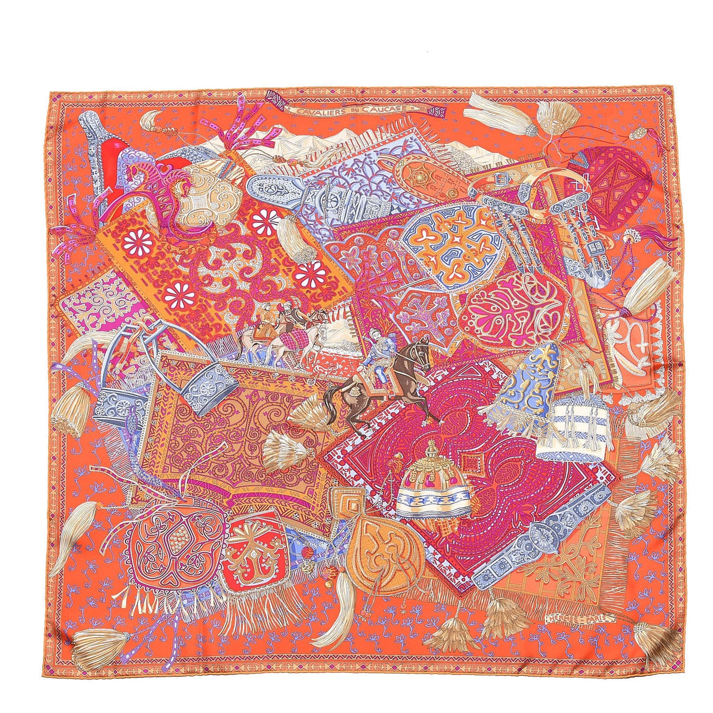 Silk Cavaliers du Caucase Scarf 90 Orange Fuchsia Parme