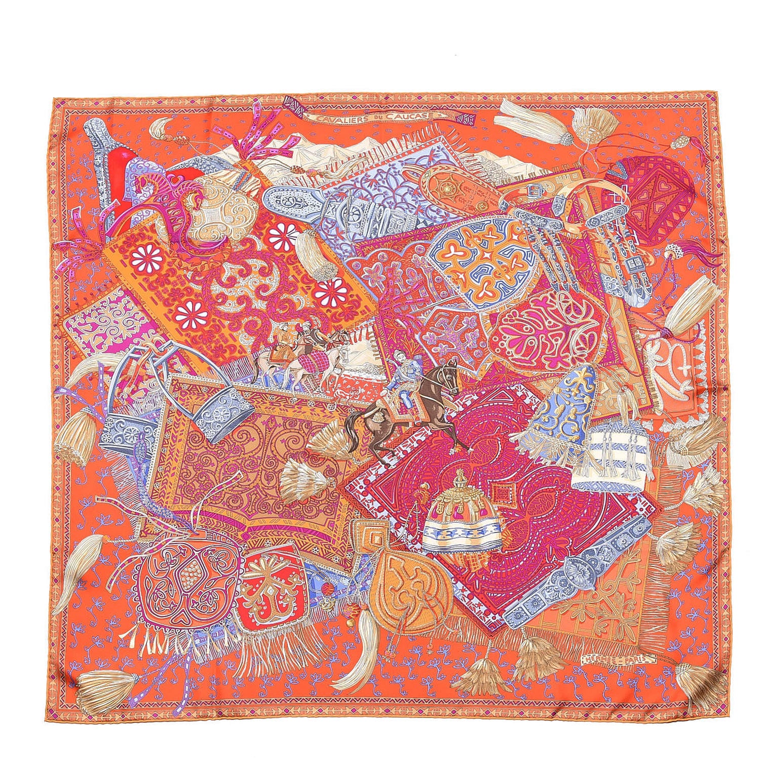 Hermes Silk Cavaliers du Caucase Scarf 90 Orange Fuchsia Parme 1 of 7