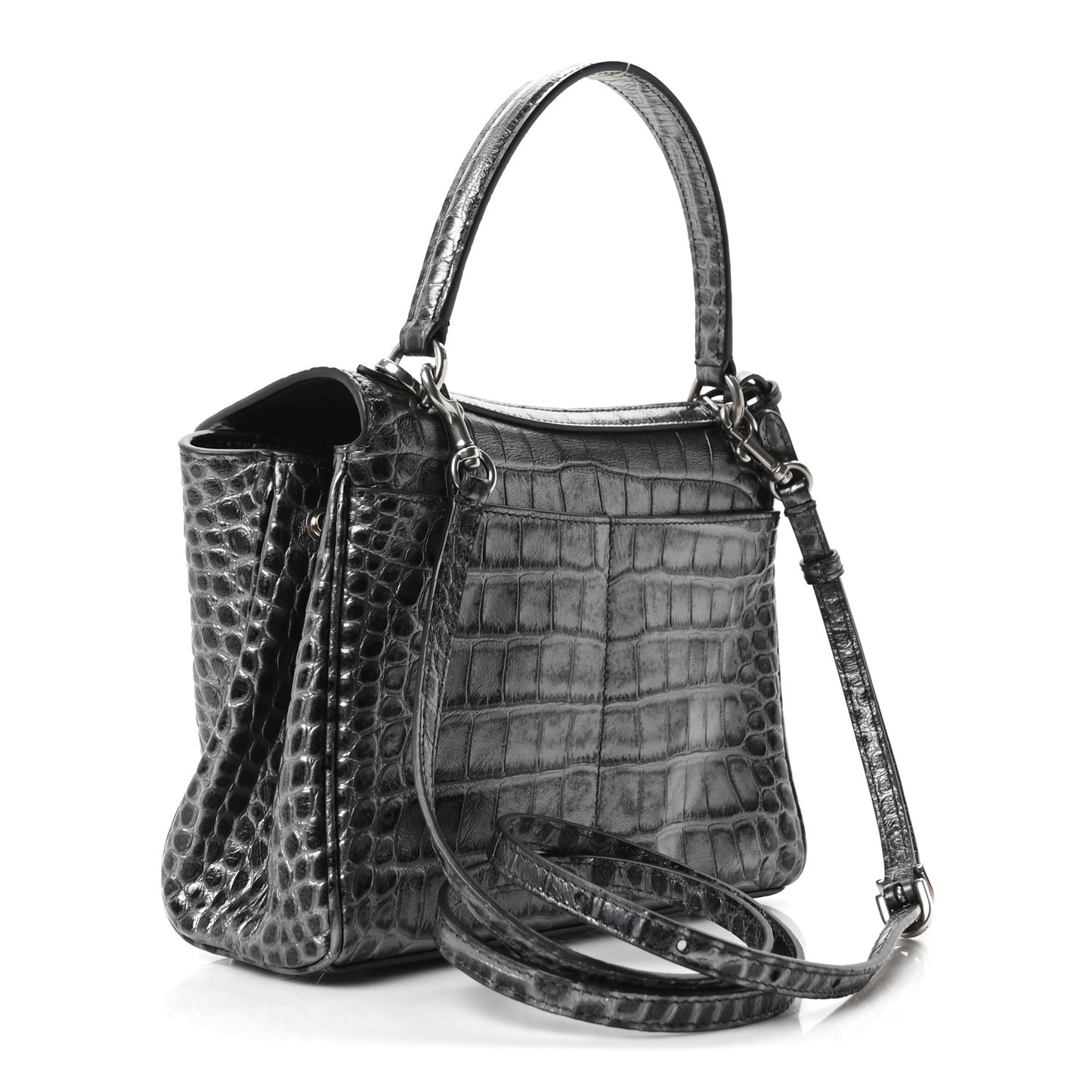 Metallized Calfskin Crocodile Embossed Mini Rodeo Top Handle Handbag Gunmetal